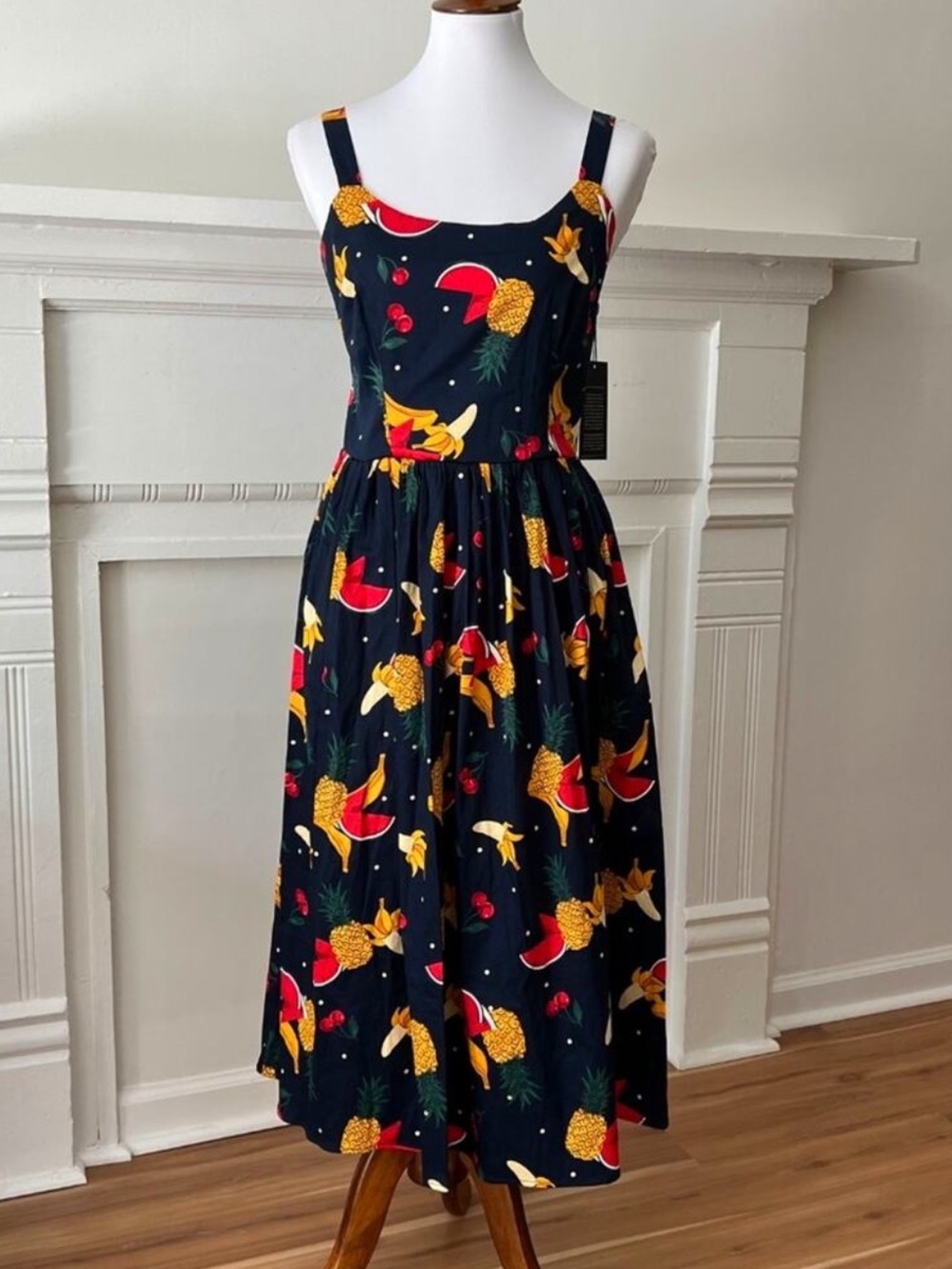 MODCLOTH Small Dress Midi Medium Retro Cotton Unique Tropical Fruit COLLECTIF